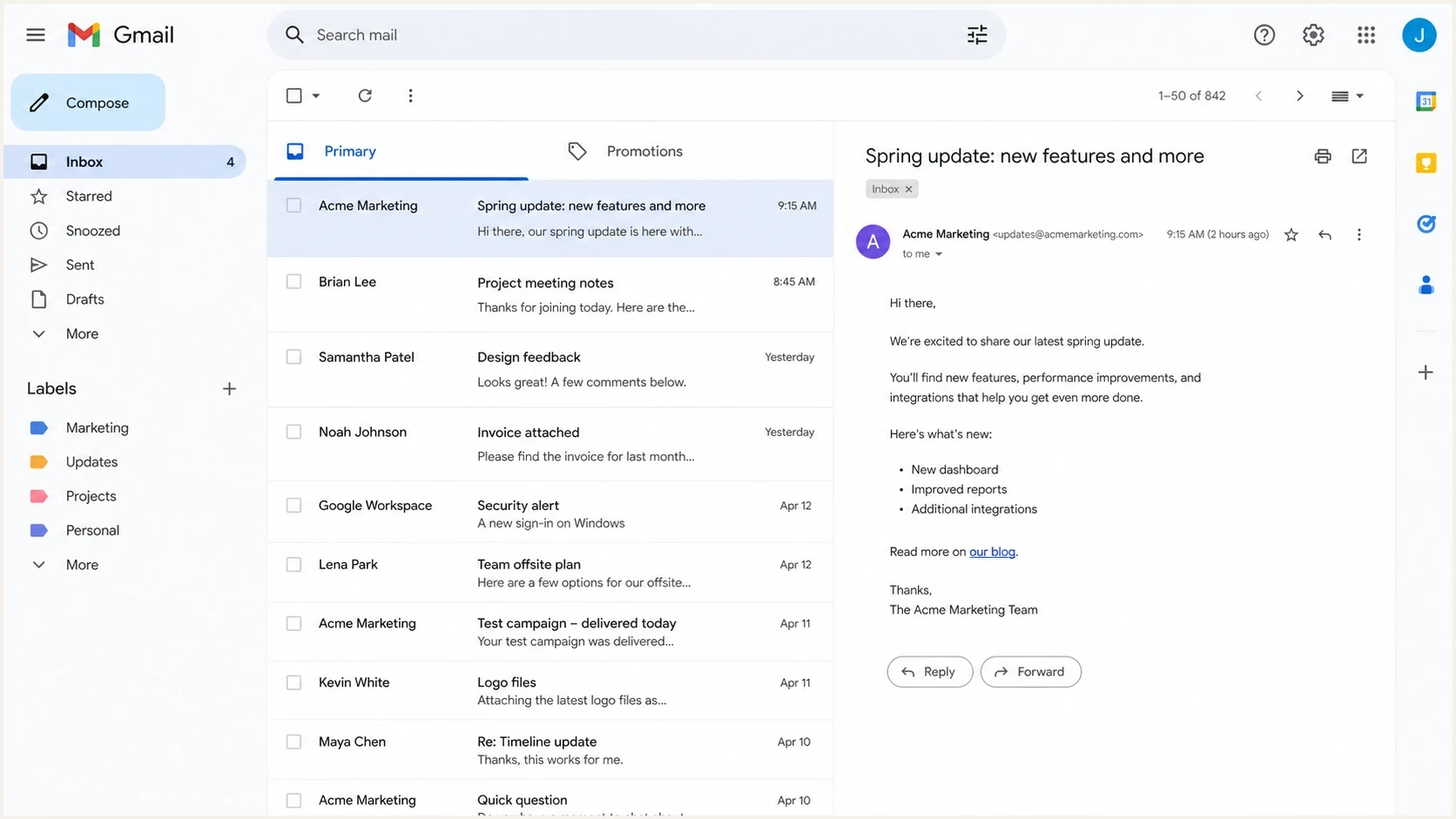 Gmail inbox screenshot showing where a test campaign can land.