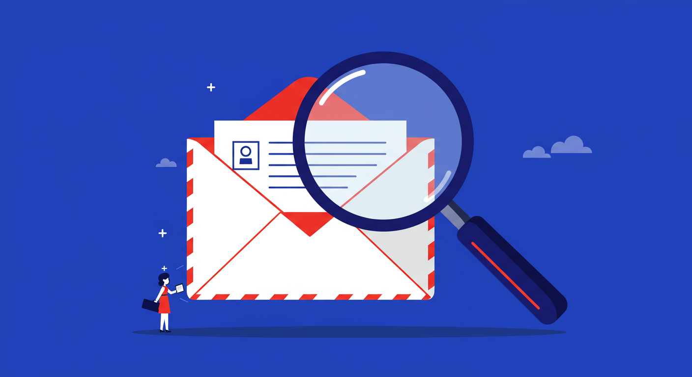 An illustration of a large magnifying glass inspecting an email envelope, symbolizing the scrutiny of email servers. The style of the images should be A minimalist retro illustration in the style of Malika Favre. Dominant colors are bright poppy red and deep royal blue. Vector art, high contrast. Do not put any words in the image or alphanumeric characters. 