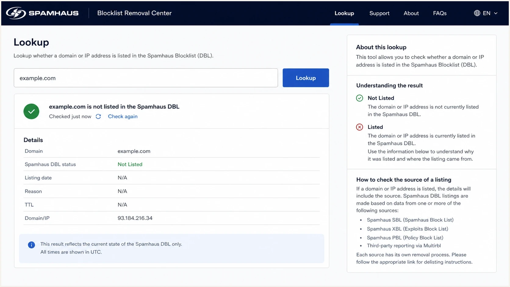 Screenshot-style view of the Spamhaus lookup workflow for checking a DBL listing.