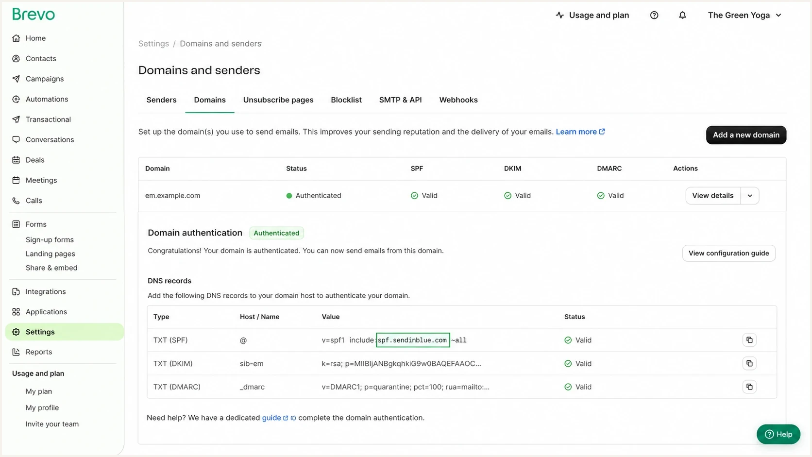 Brevo domain authentication screen for a sending subdomain.