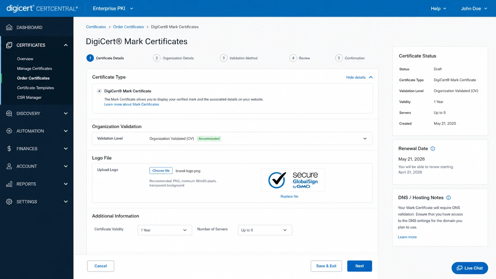 DigiCert CertCentral screen for managing mark certificates.