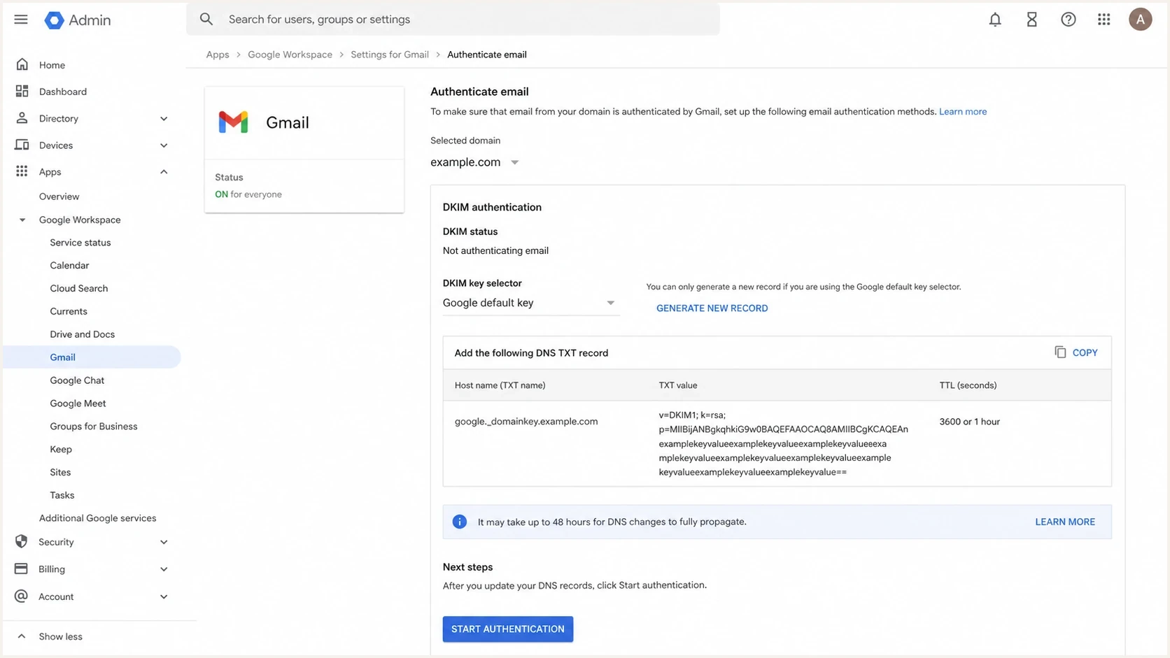 Google Workspace Admin console screen showing Gmail DKIM authentication settings for a custom domain.