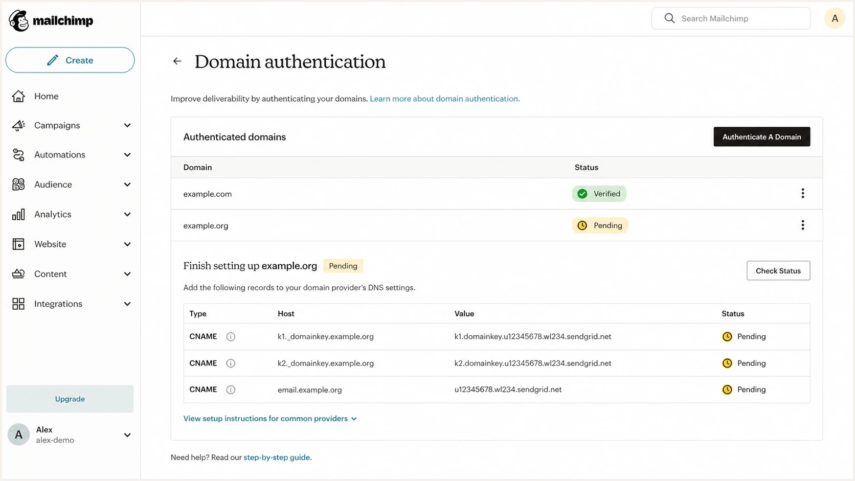 Mailchimp domain authentication screen with CNAME setup rows.