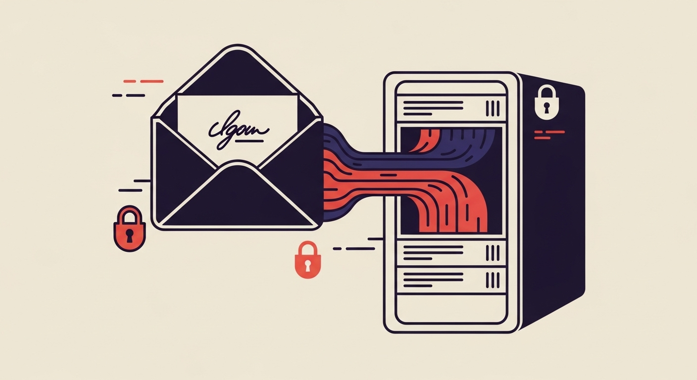 An illustration showing an email being digitally signed and verified by DNS, symbolizing DKIM email authentication.