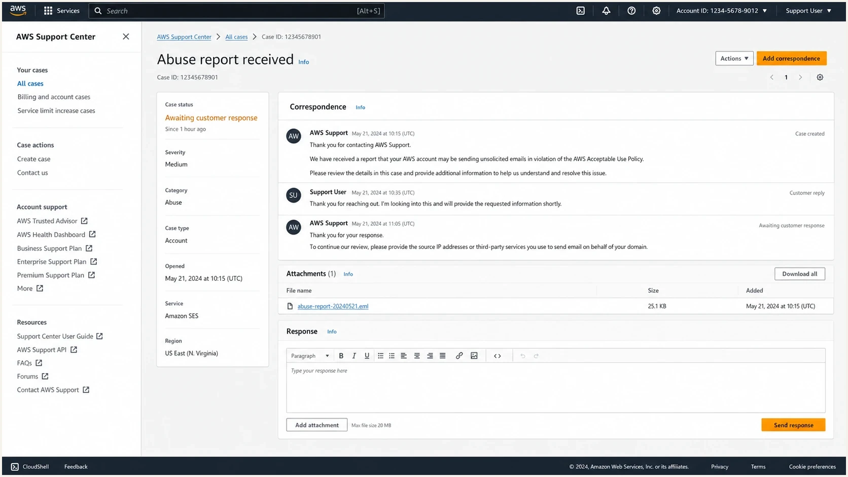 AWS Support Center case screen for an abuse report requiring sender response.