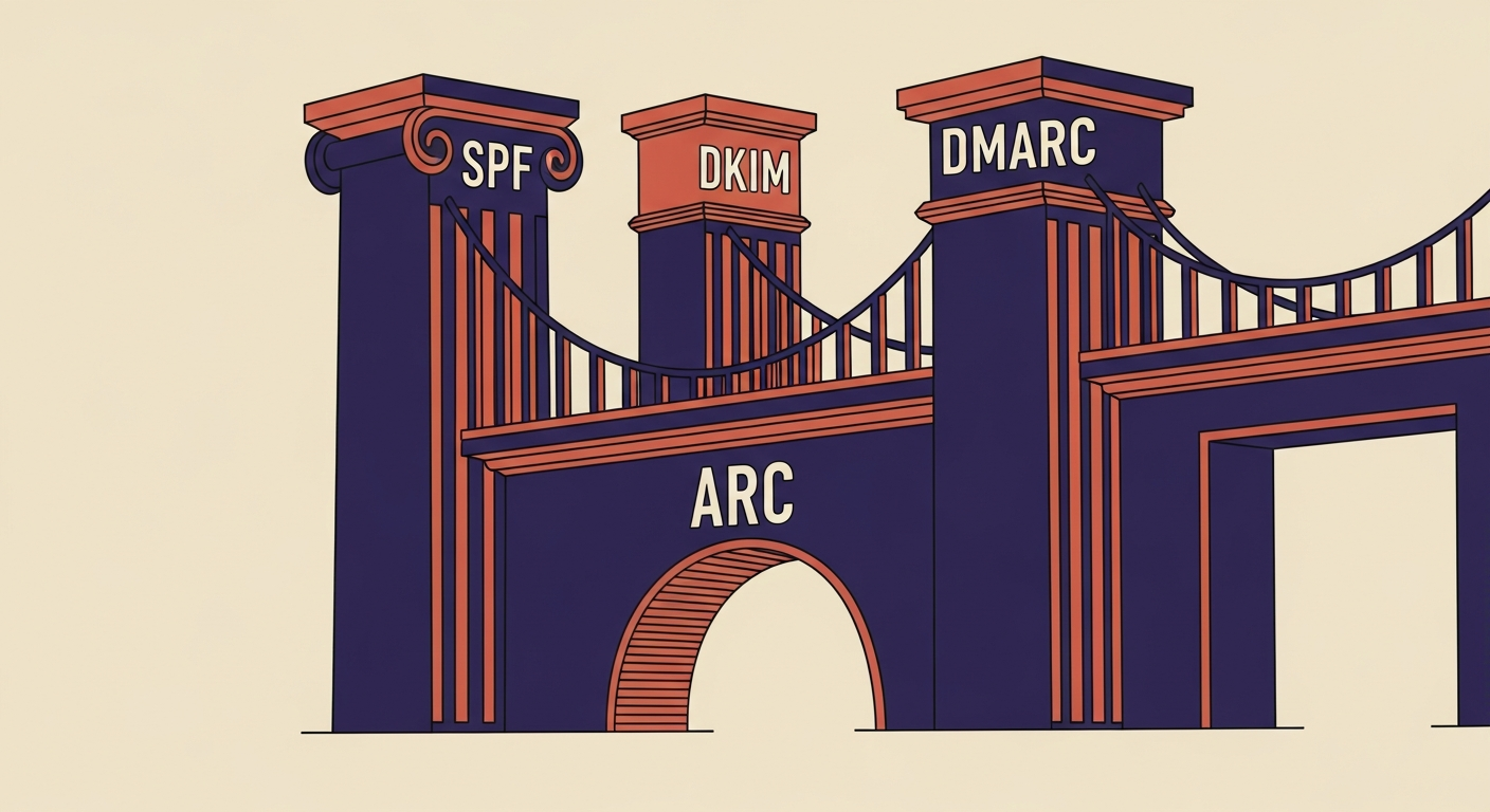 An illustration showing SPF, DKIM, and DMARC as three strong pillars supporting a bridge, with ARC as a reinforcing arch beneath it, symbolizing their complementary roles in email security.