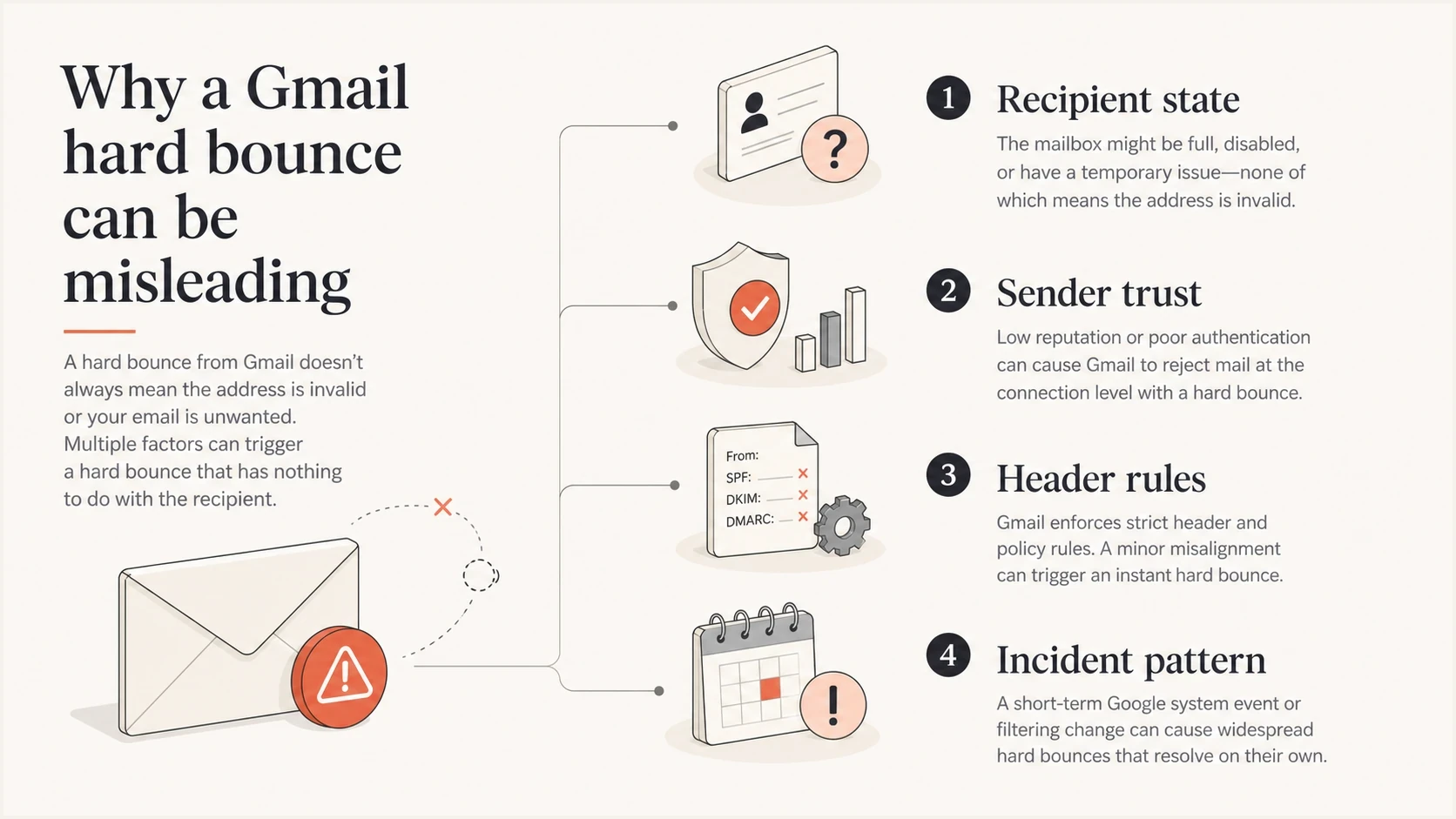 Infographic showing recipient state, sender trust, header rules, and incident patterns behind Gmail hard bounces.