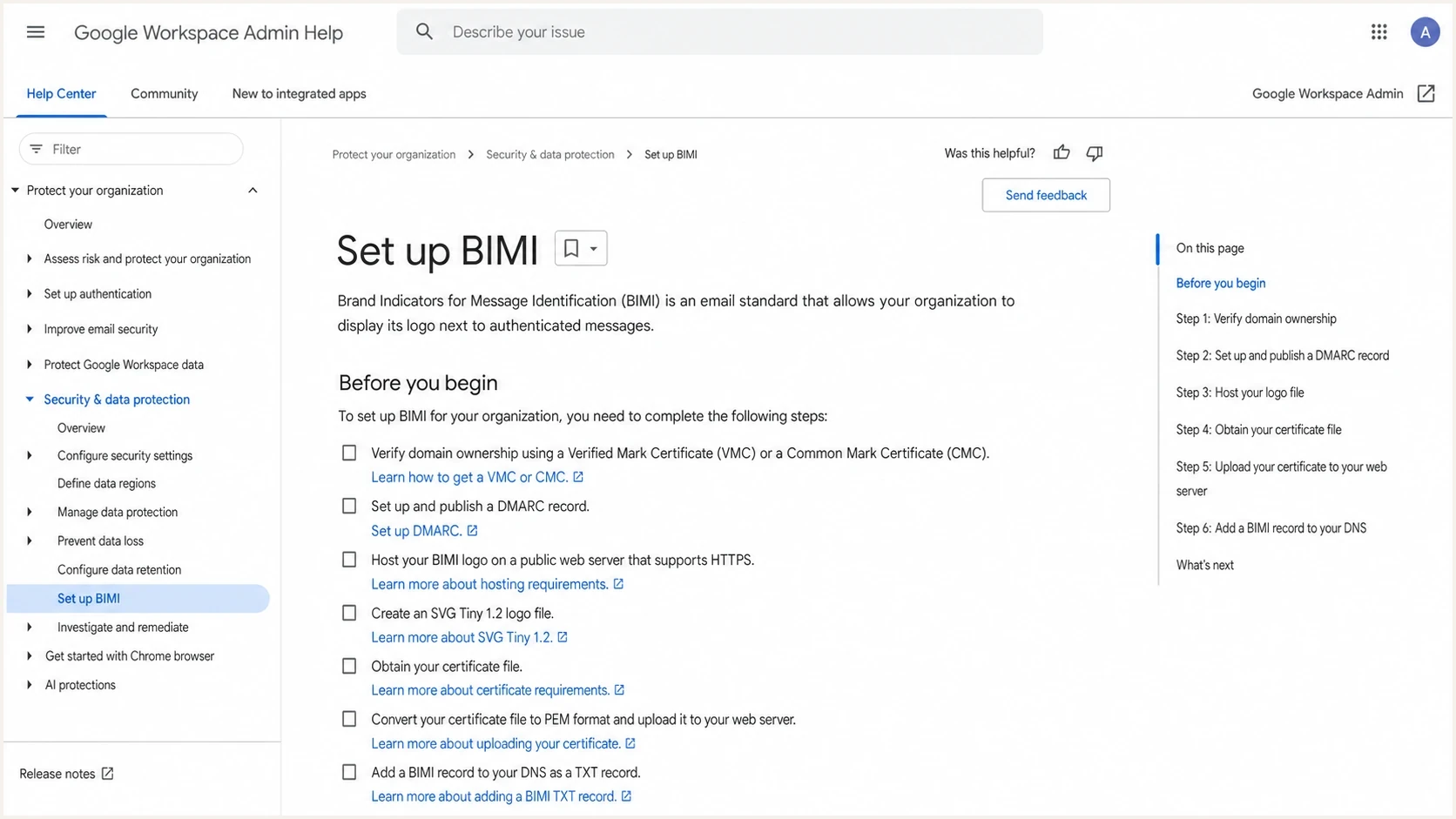 Google Workspace Admin Help page for setting up BIMI.