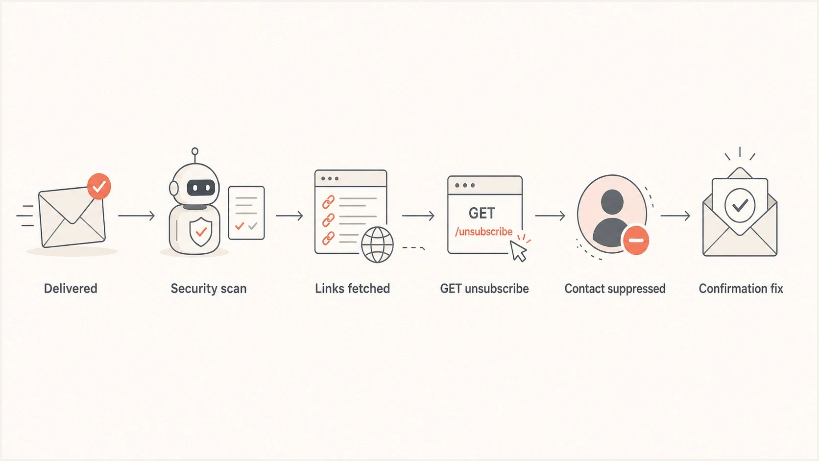 Flowchart showing automated link scanning causing a mistaken email unsubscribe.