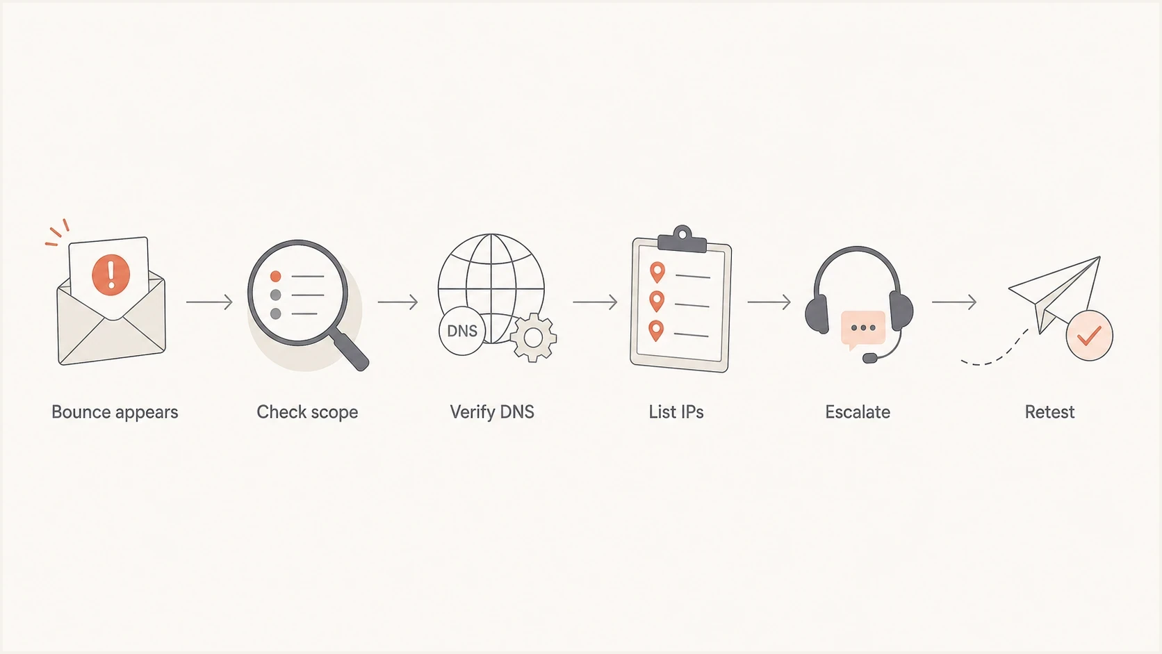 AT&T email block resolution flowchart with bounce review, DNS checks, IP escalation, and retesting.