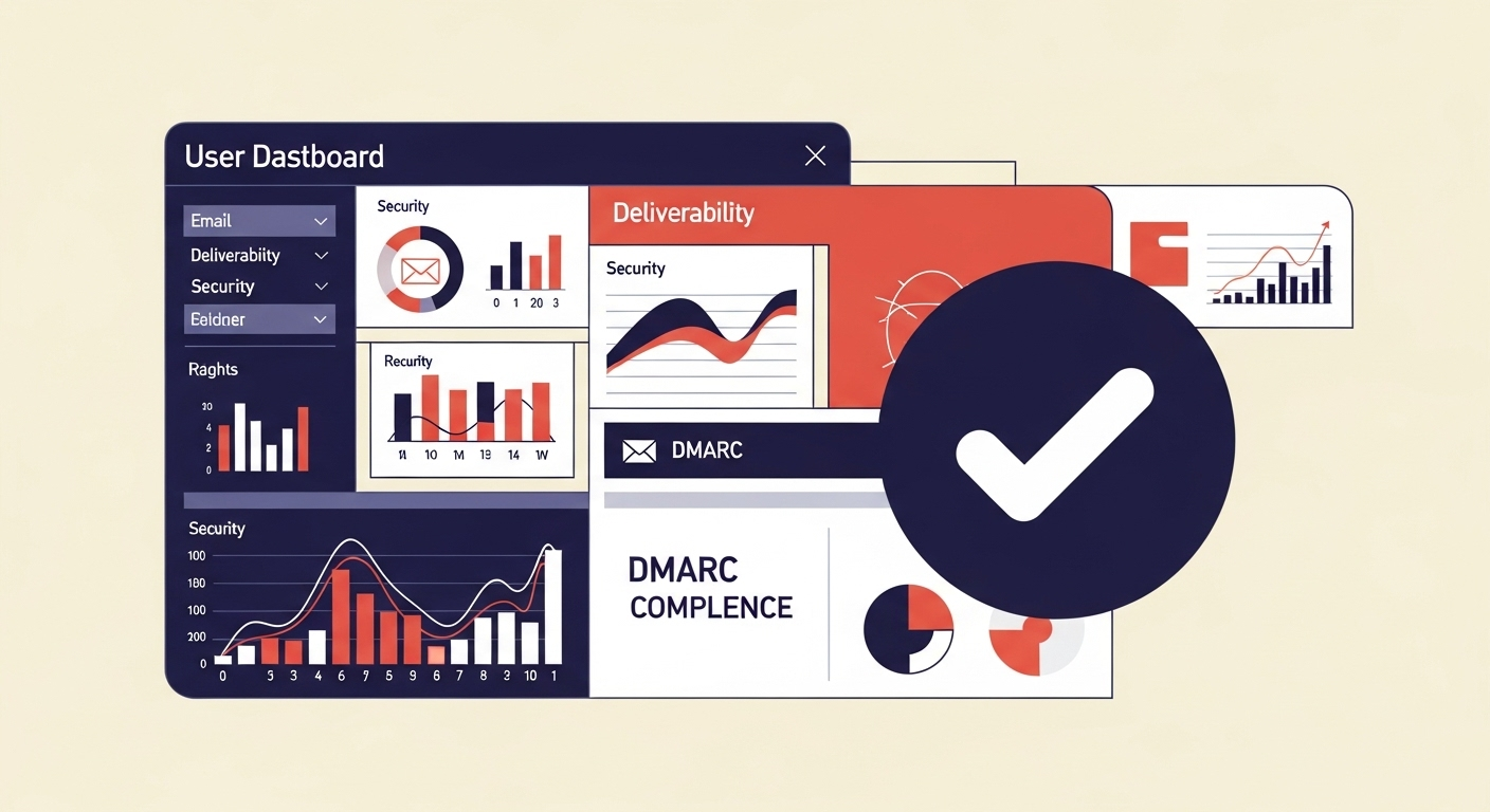 An illustration of a DMARC monitoring dashboard showing compliance and email security insights.