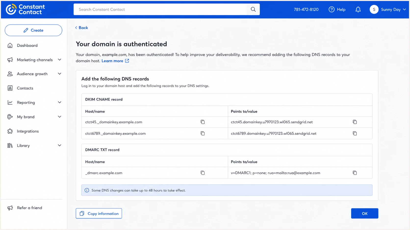 Constant Contact screen showing generated DKIM and DMARC DNS records
