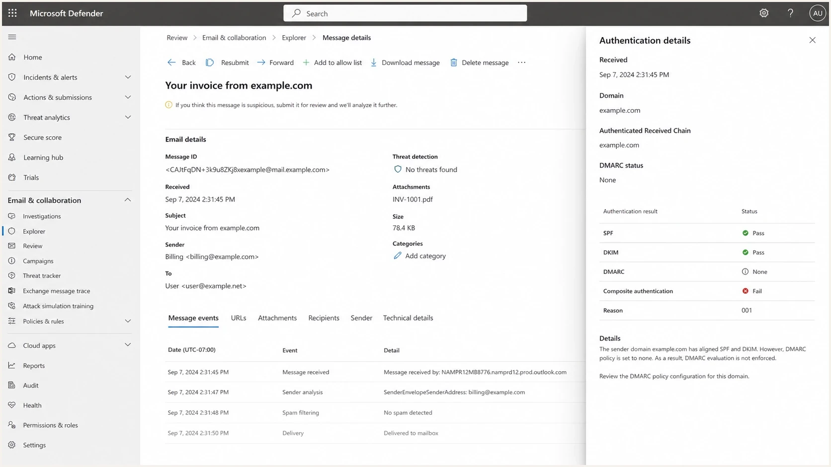 Microsoft Defender for Office 365 details showing compauth=fail reason=001.