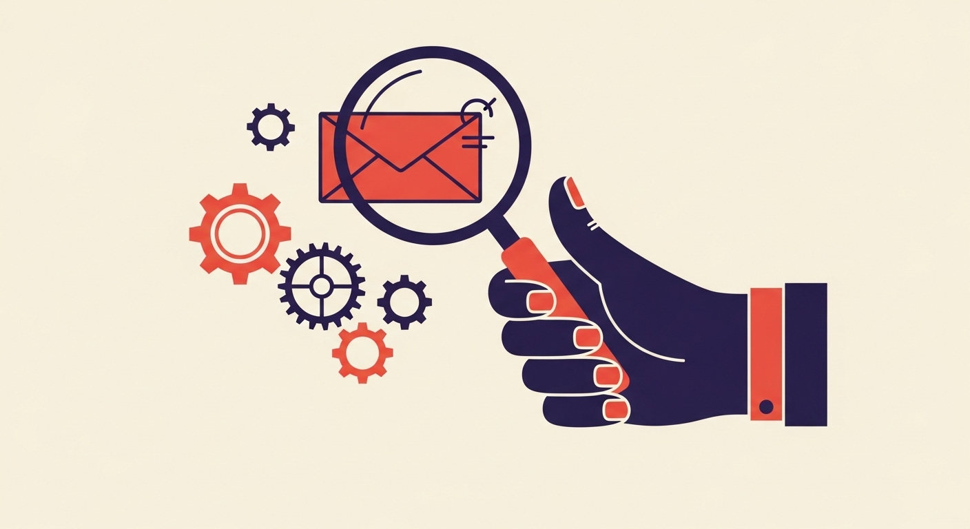 Detailed email authentication process with magnifying glass