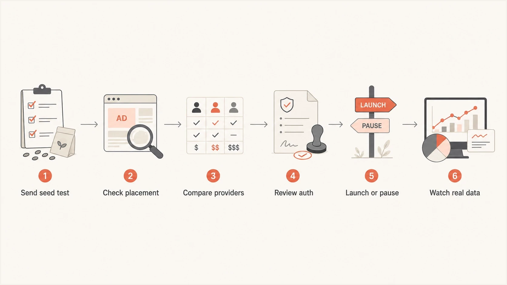 A seed list testing flow that moves from test send to launch decision.