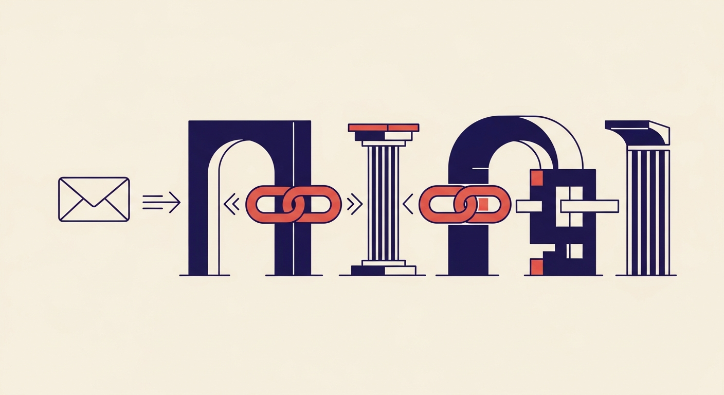 An illustration of an email being forwarded through multiple servers, showing how ARC maintains a chain of trust for authentication results.