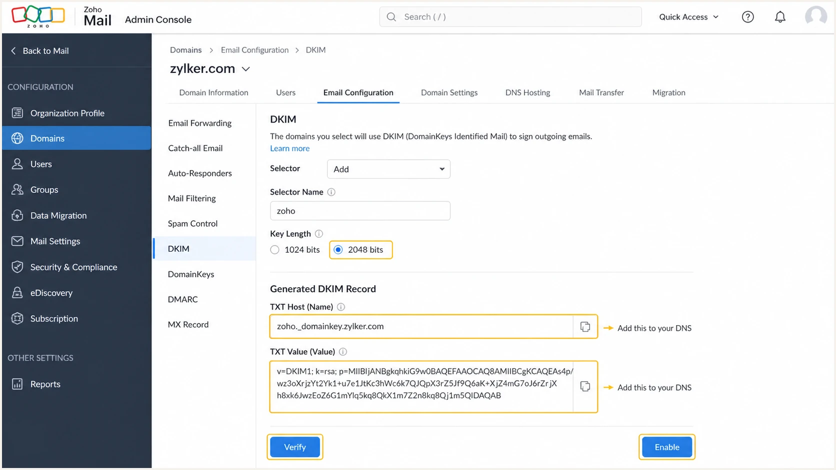 Generating and enabling a Zoho Mail DKIM selector