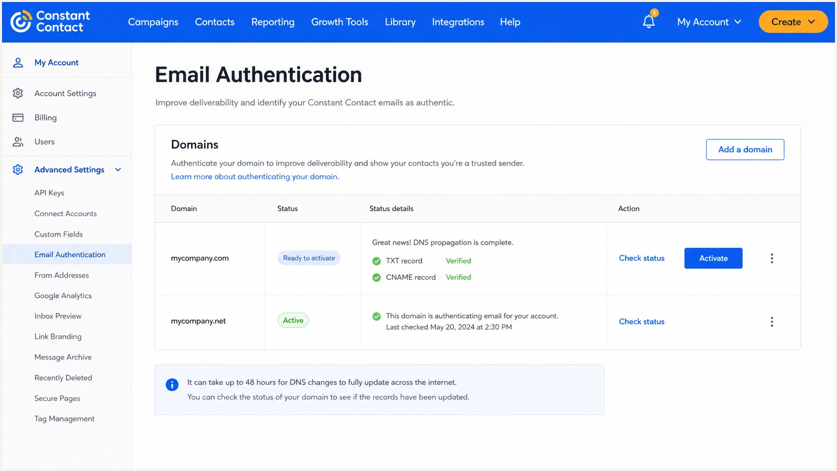 Constant Contact domain authentication status ready for activation