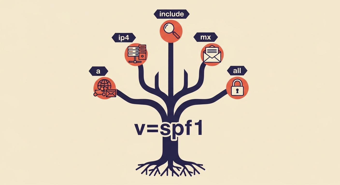 An abstract illustration showing 'v=spf1' as the base, with branches leading to various SPF mechanisms like include, ip4, a, mx, and all.