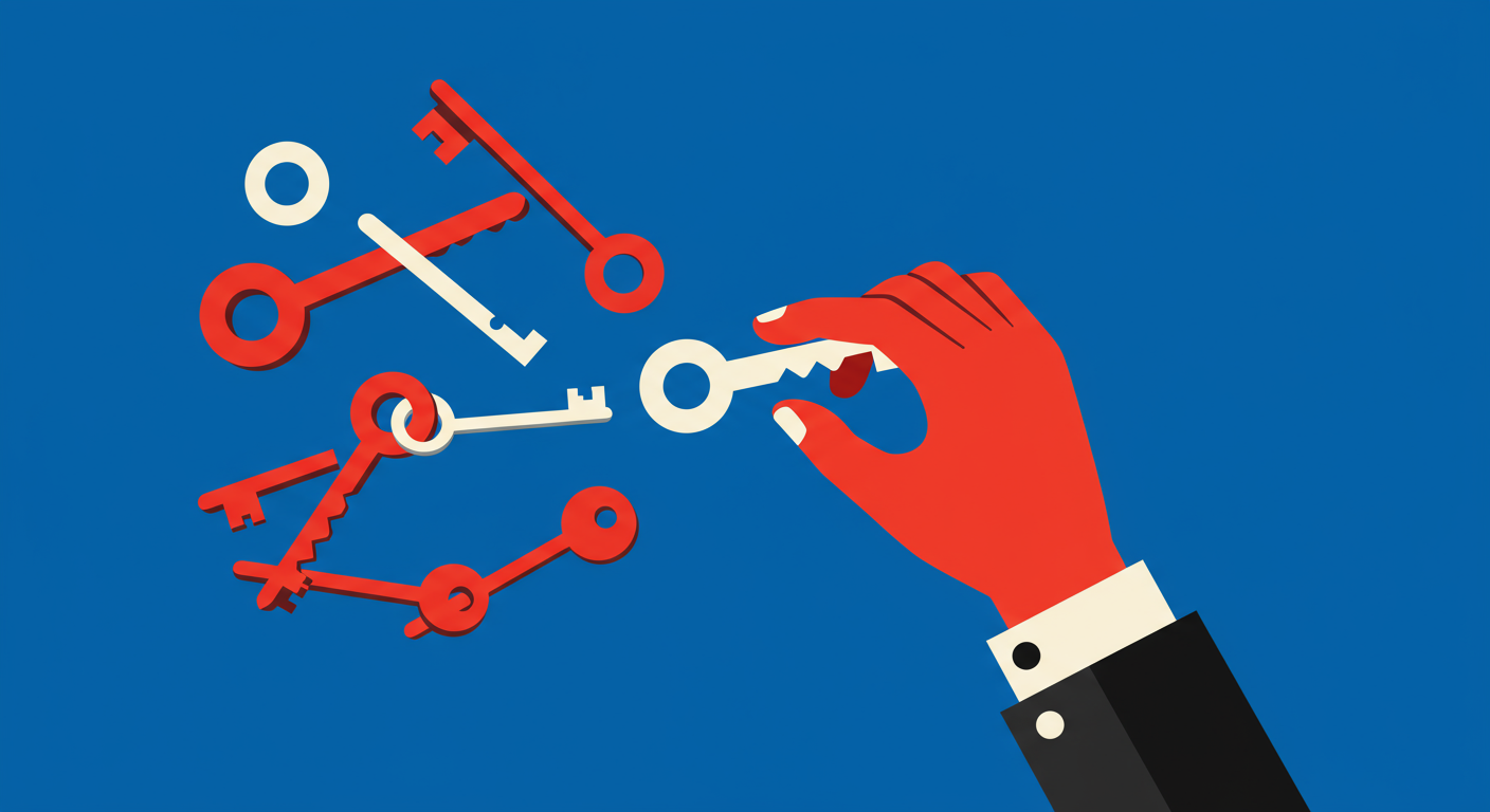 A hand choosing one specific key from a large set, symbolizing the selection of a DKIM selector.