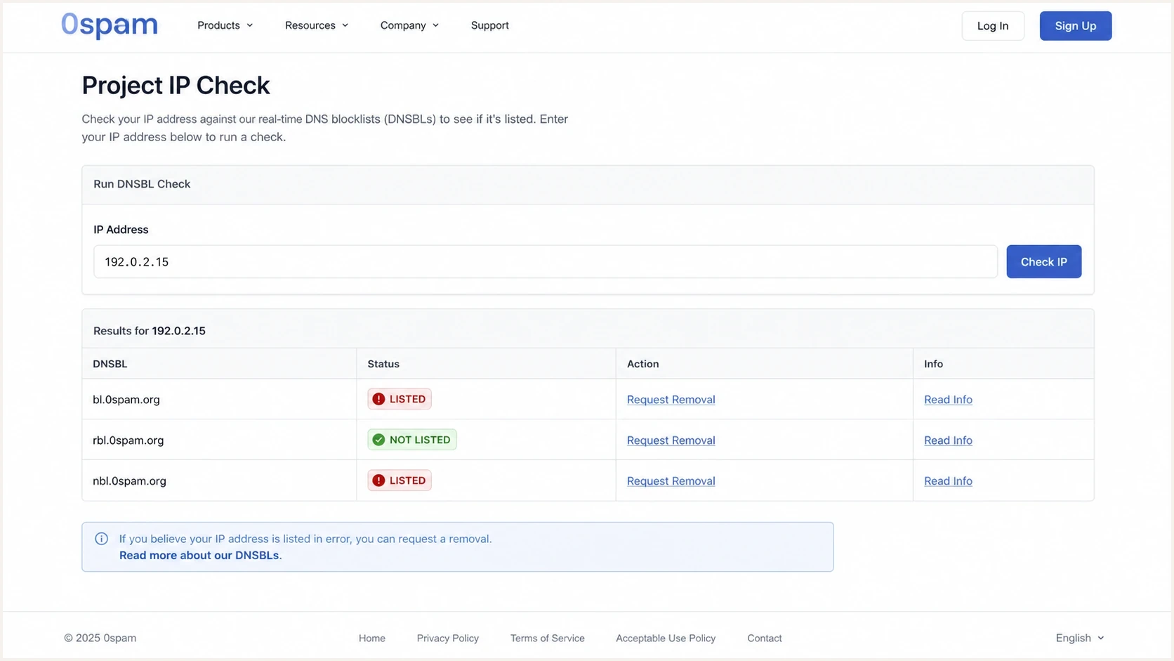 Example screenshot concept of checking an IP on the 0spam Project IP Check page.