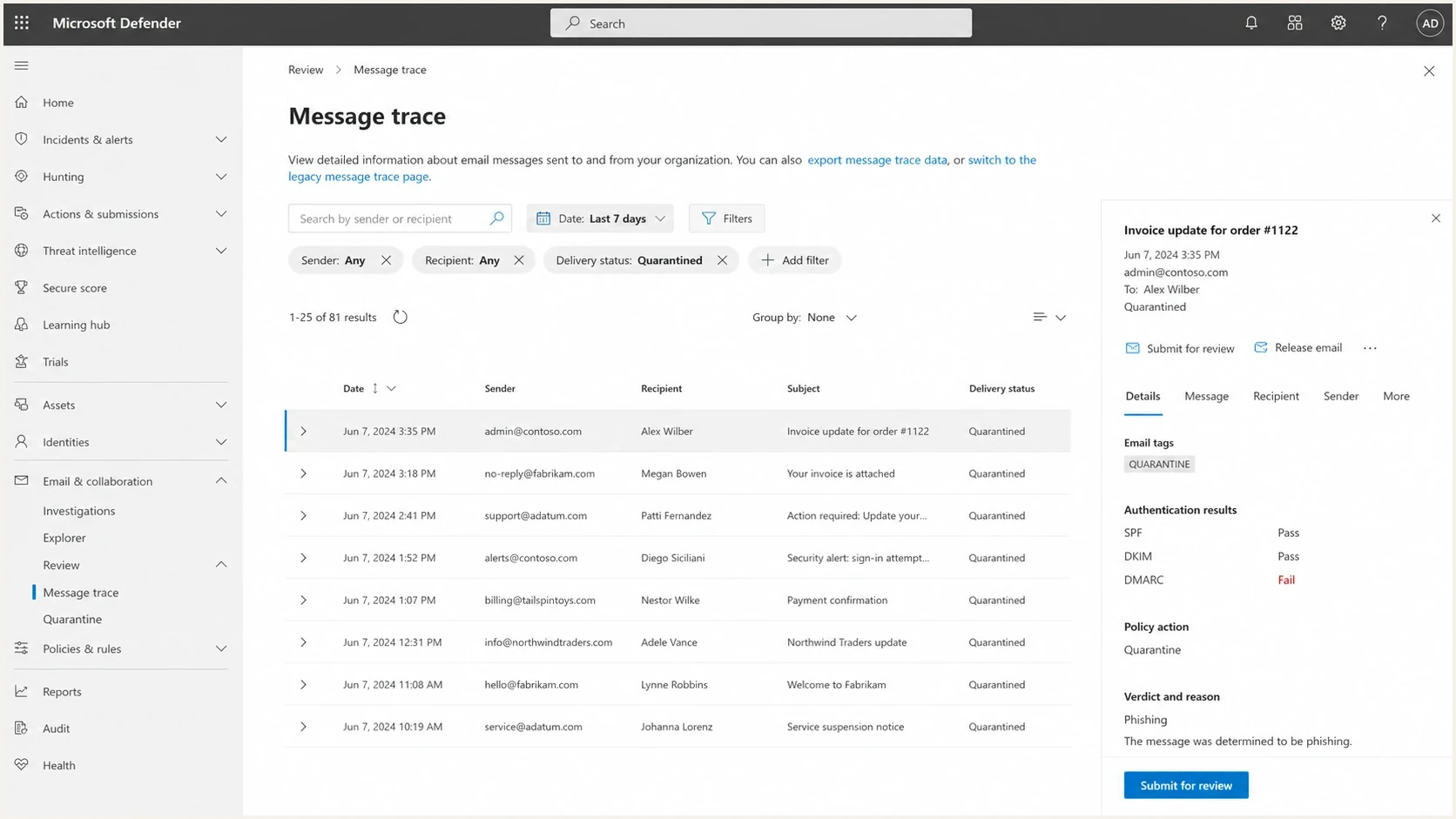 Microsoft Defender for Office 365 message trace and quarantine investigation screen.