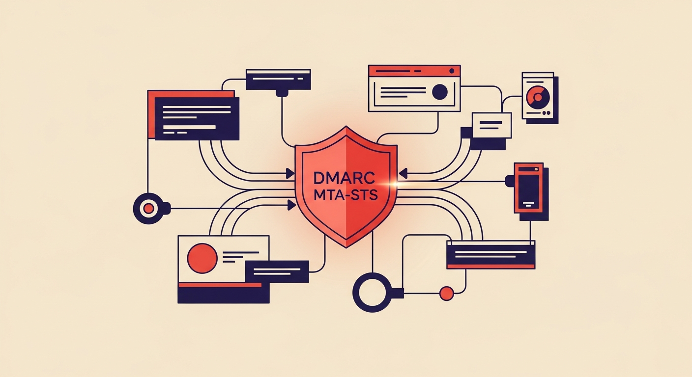 An abstract network depicting secure email communication with DMARC and MTA-STS.