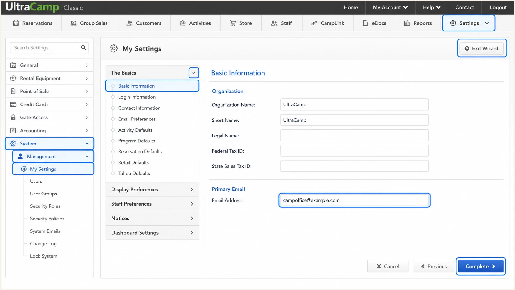 UltraCamp Classic Primary Email field in My Settings
