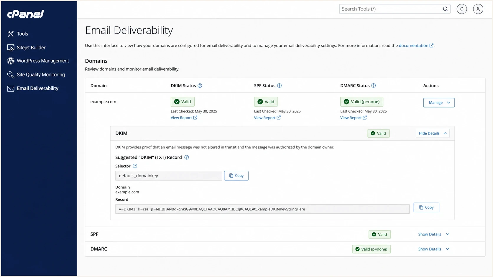 cPanel Email Deliverability showing DKIM status and the default selector TXT record.