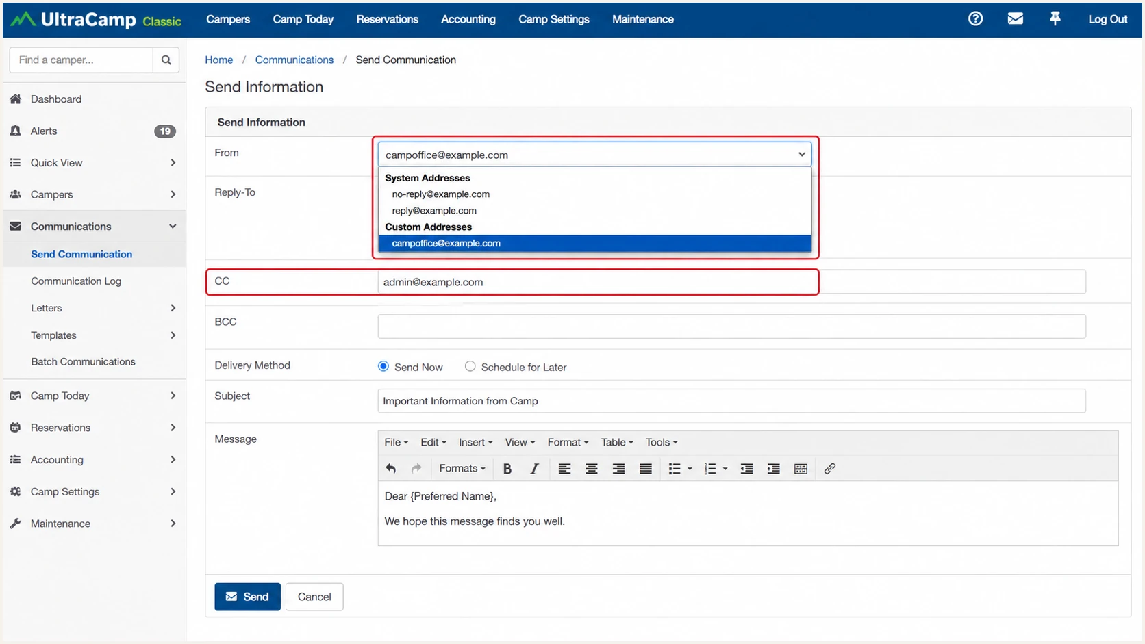 UltraCamp From field using a custom camp email address