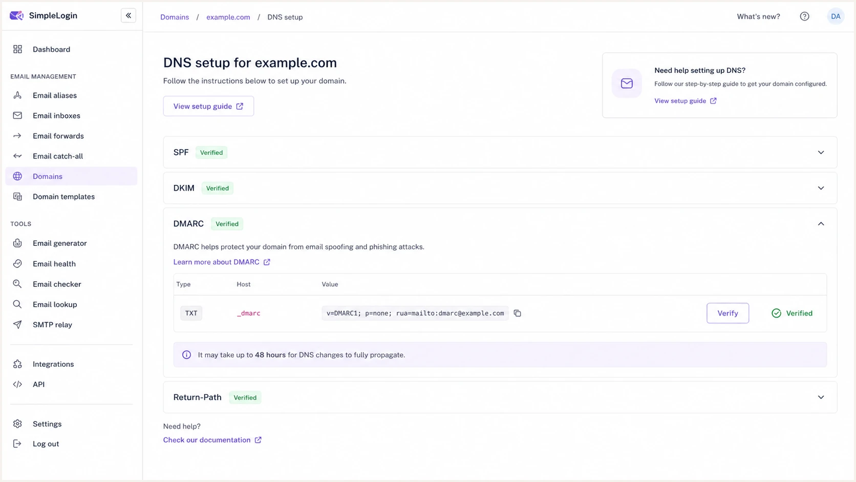 SimpleLogin DMARC record and verification status