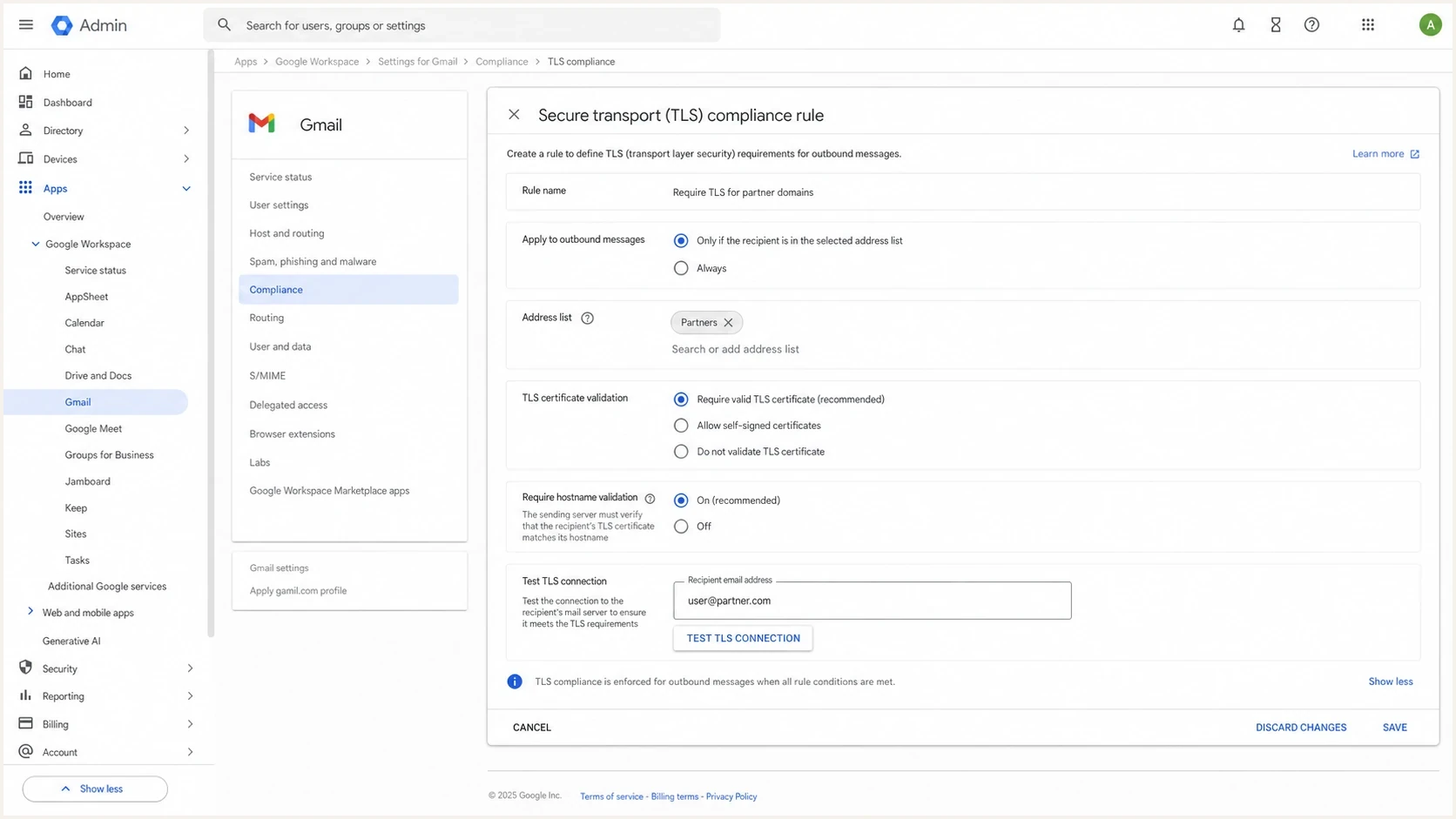 Google Workspace Admin console screen for Secure transport TLS compliance.