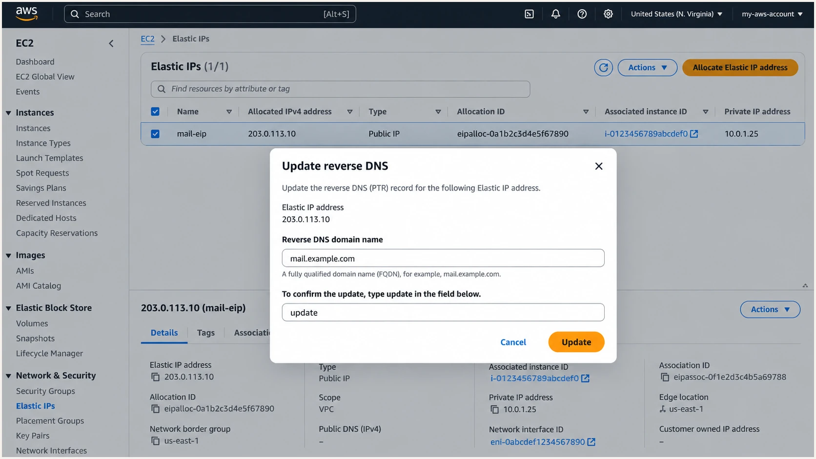 Amazon EC2 dialog for setting mail.example.com as reverse DNS