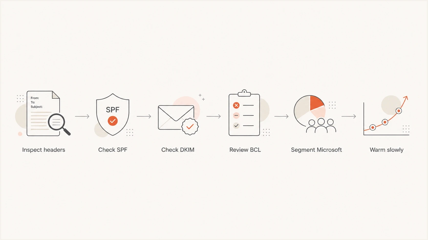 Flowchart for diagnosing Microsoft junk placement by checking headers and warming mail slowly.