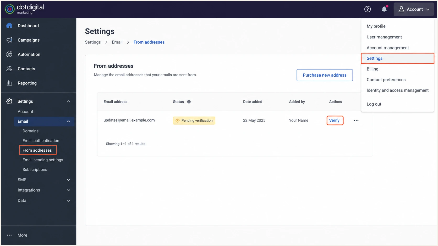 Dotdigital From addresses screen with a CFA awaiting verification