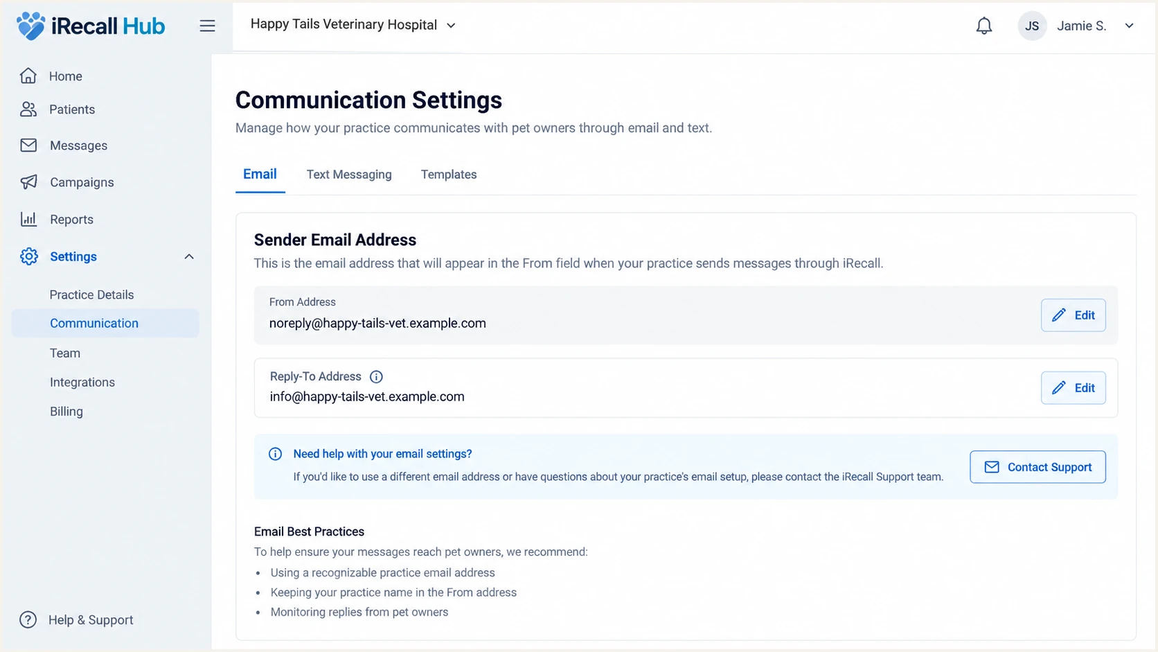 iRecall Hub practice sender settings and domain status