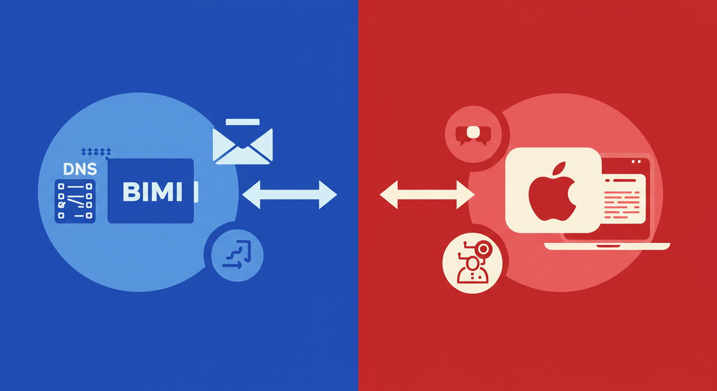 A comparative illustration showing the BIMI standard and Apple Business Connect. Both are depicted as leading to an email with a brand logo, highlighting their shared goal but different paths.