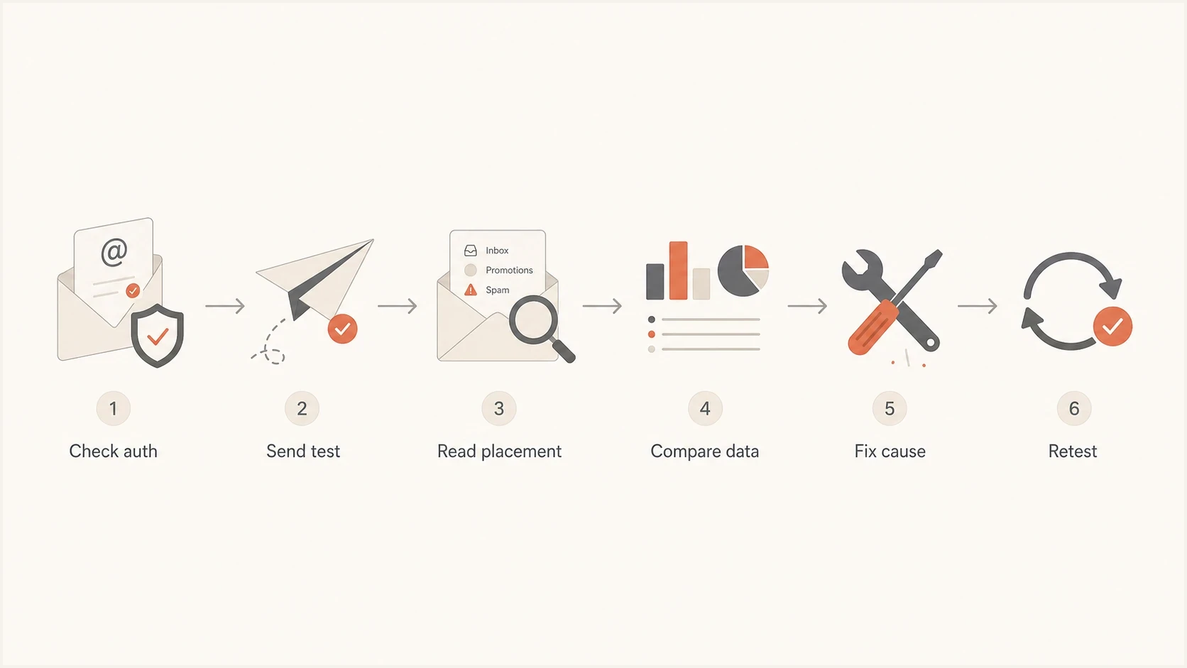 Inbox placement testing workflow: check authentication, send test, compare data, fix cause, and retest.