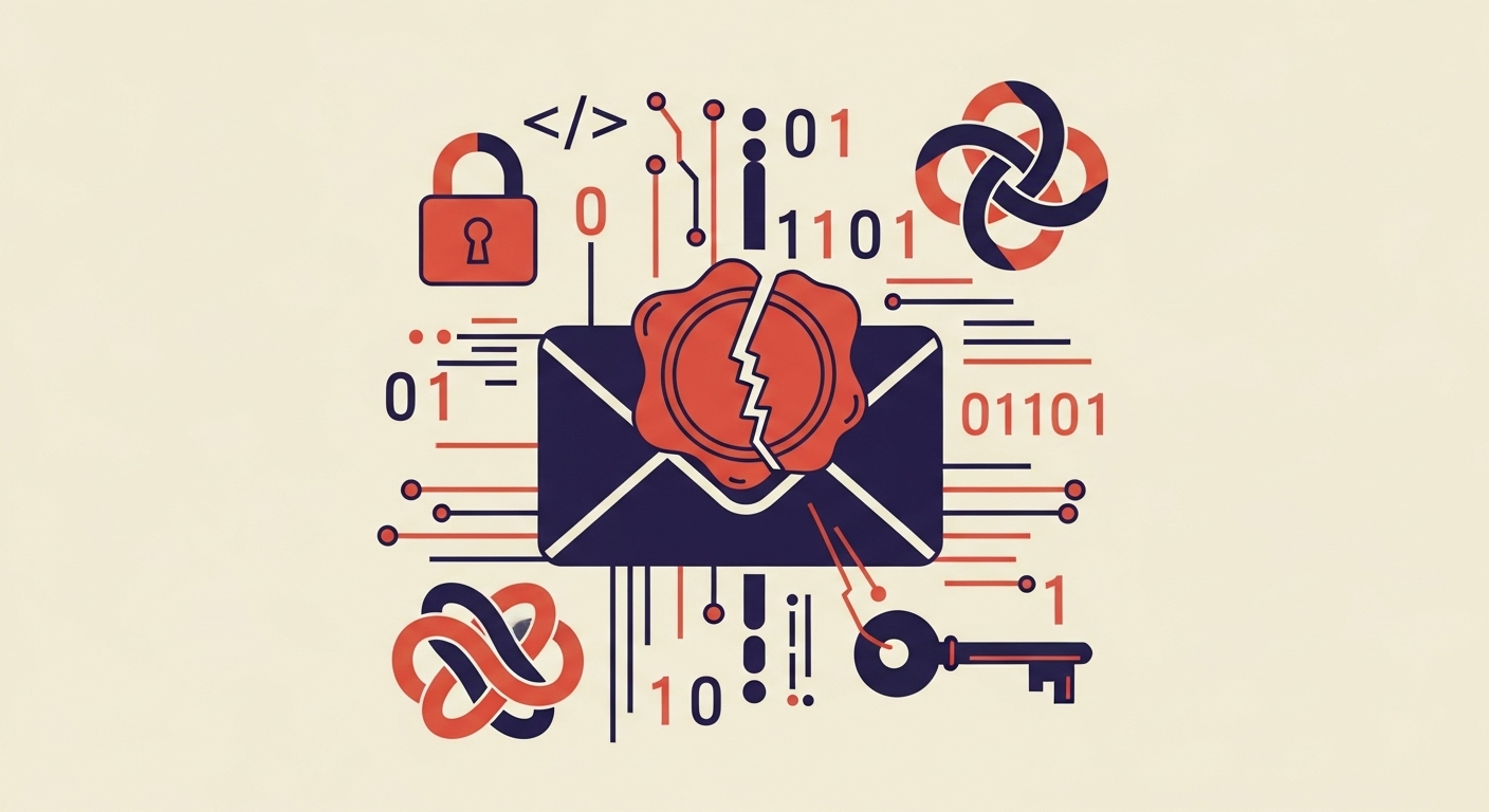 An email with a broken seal representing email modification during transit.