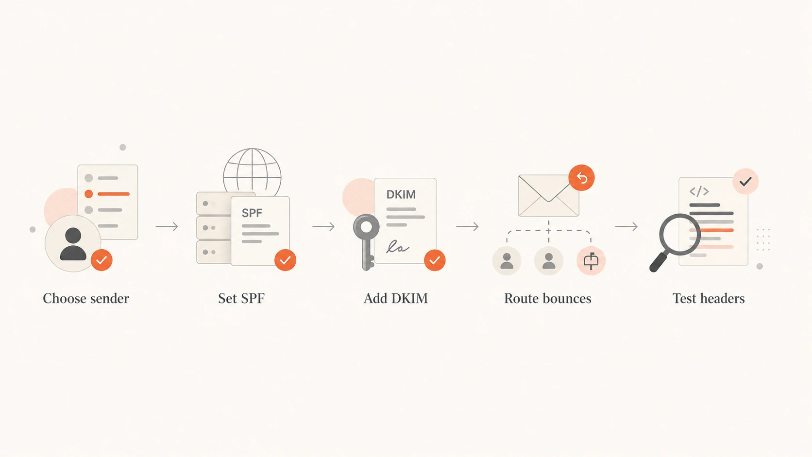 Flowchart showing sender selection, SPF, DKIM, bounce routing, and header testing