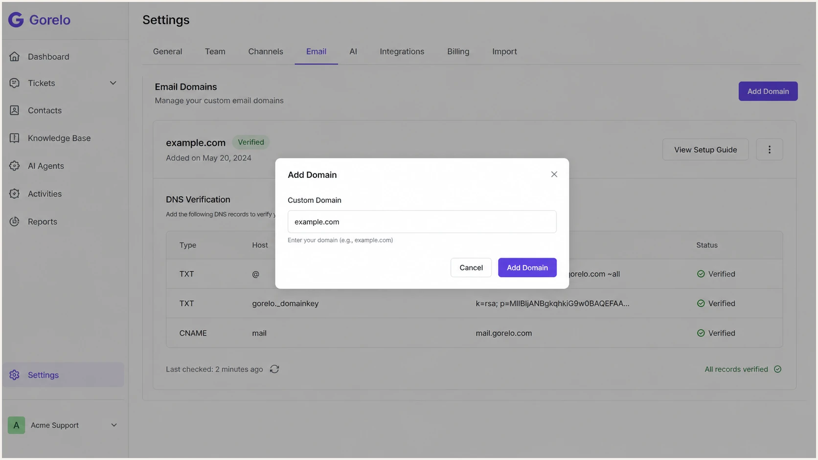 Gorelo Settings Email screen with the Add Domain dialog open
