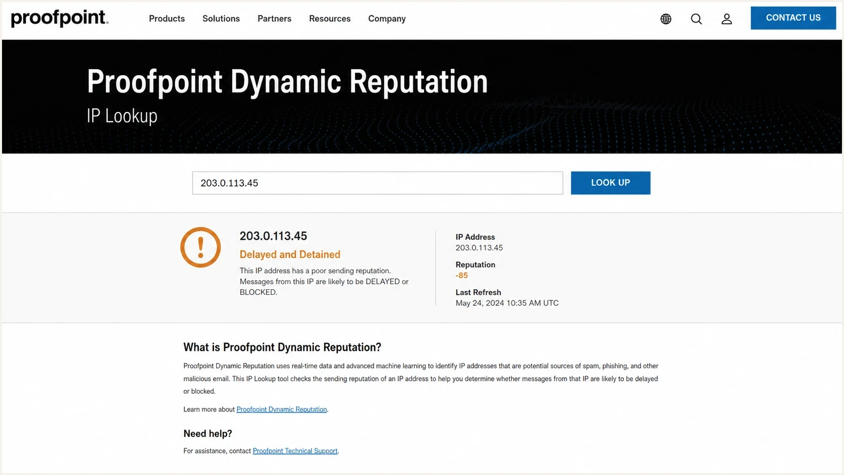 Proofpoint Dynamic Reputation IP lookup screen for a blocked sending IP.