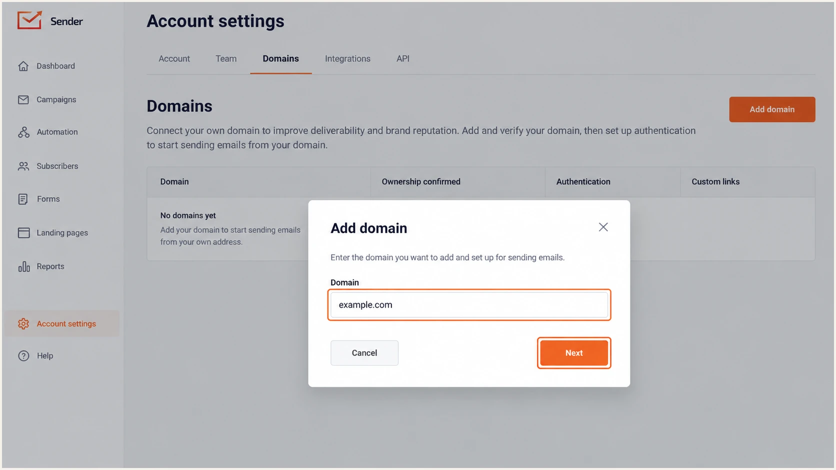 Illustration of Sender's Add domain dialog.