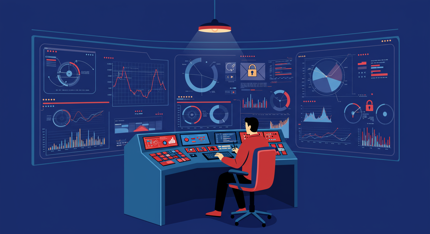 An illustration of a person in a control room analyzing DMARC data on a large screen, symbolizing troubleshooting email authentication.
