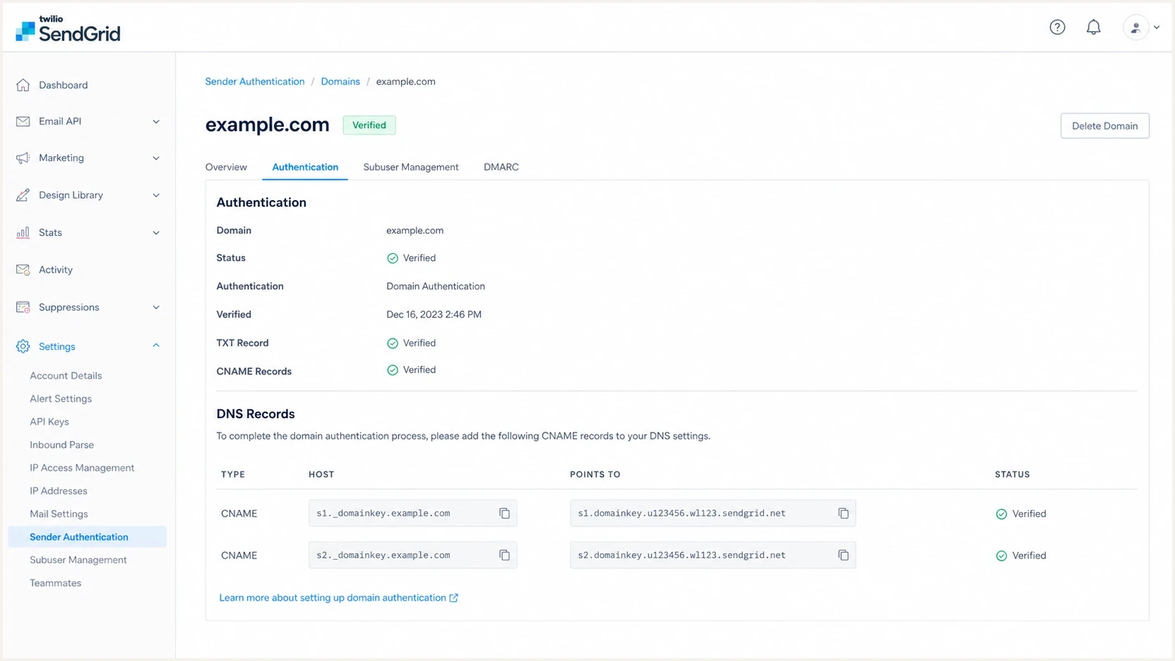 Twilio SendGrid domain authentication screen showing s1 and s2 DKIM CNAME records.