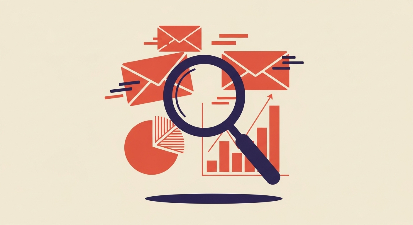 Magnifying glass over email icons and charts, symbolizing DMARC monitoring.