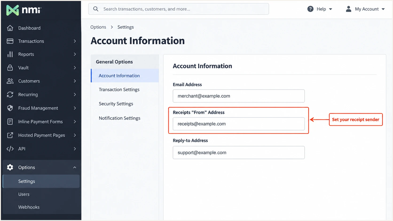 Set the receipt sender in NMI's Account Information page.