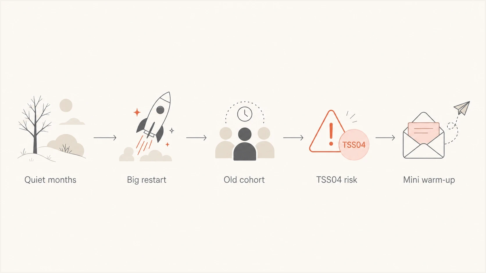 Flowchart showing how quiet months and a large restart can lead to TSS04 risk.