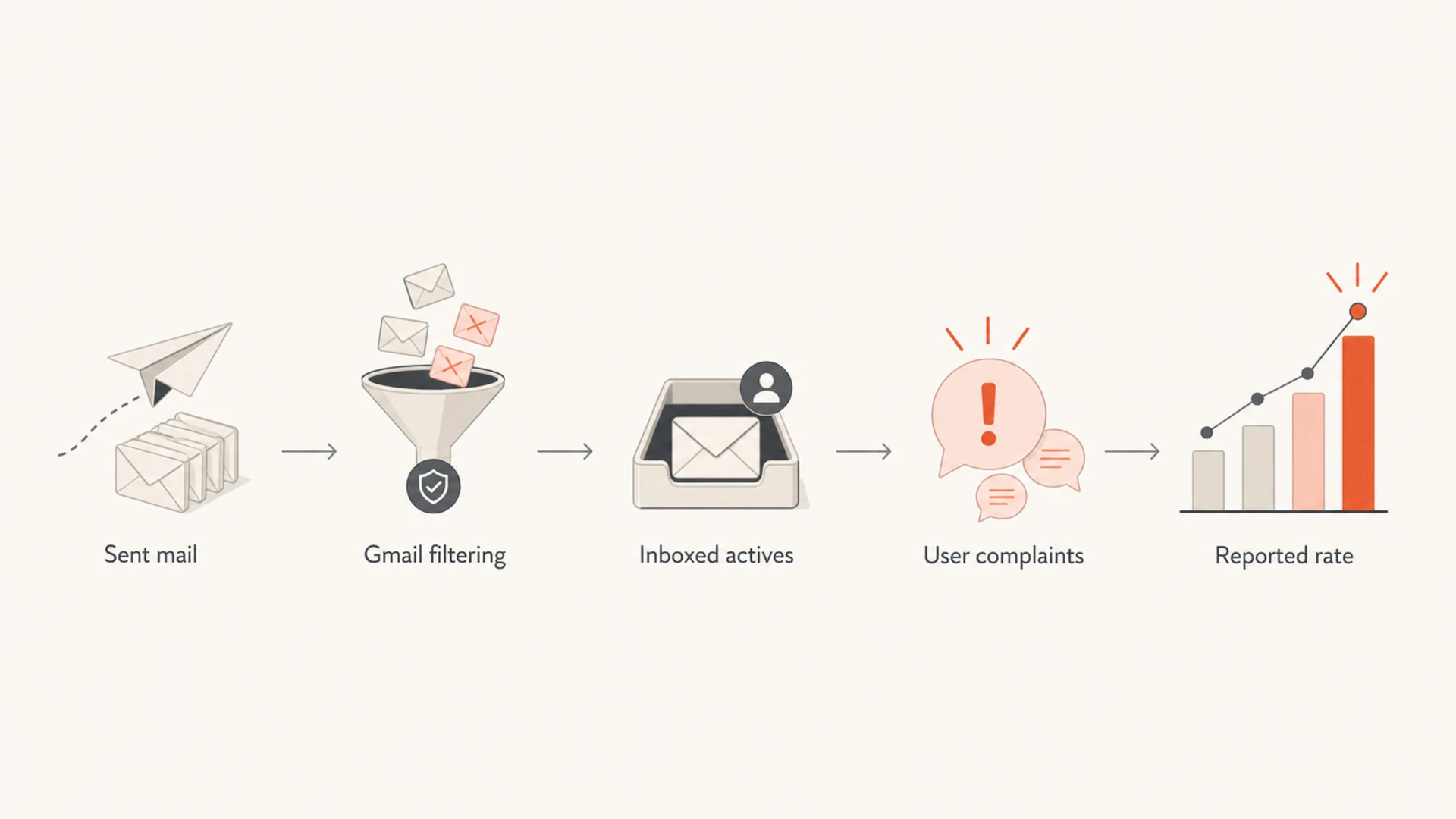 Flowchart showing how sent mail becomes a reported Gmail spam rate.