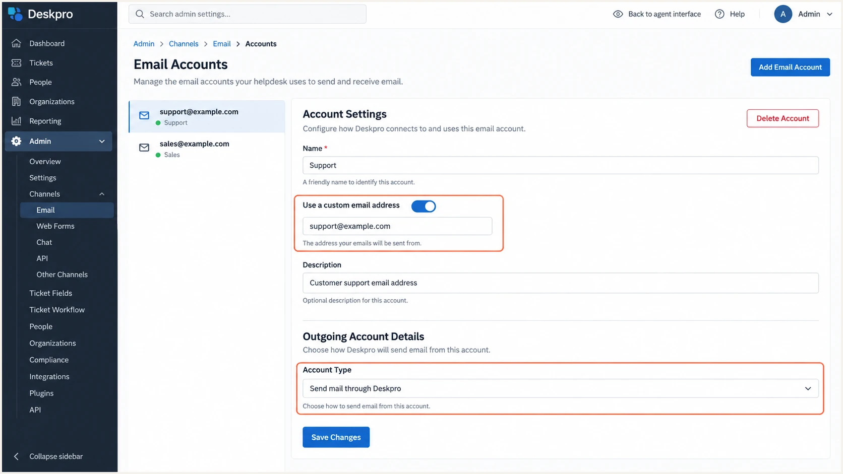 Illustrative Deskpro settings for a custom support address and outgoing delivery.